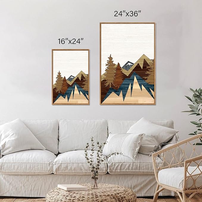 SIGNINART Large Mountain Framed Canvas Wall Art, Boho Sunrise Wilderness Art Prints, Vintage Forest Nature Artwork, Modern Farmhouse Woodcut Style Wall Decor for Living Room Bedroom Office 24"x36"x3-Ruum Studio Home