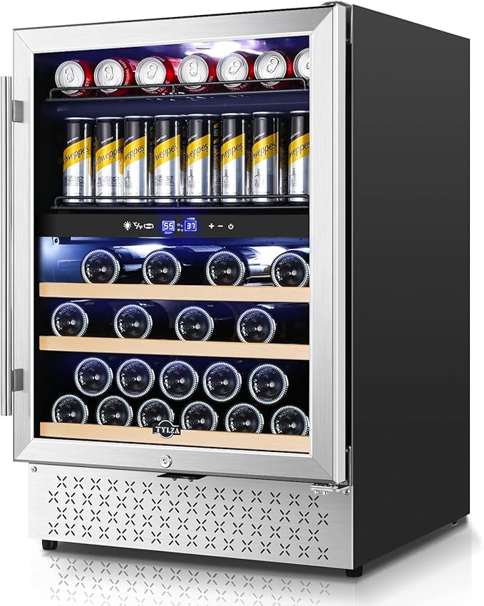 Tylza Dual Zone Wine Fridge, 24 Inch Wine and Beverage Refrigerator Built-in or Freestanding, Wine Beer Fridge Under Counter, Wine Cellar with Stainless Steel and Temperature Memory Function-Ruum Studio Home