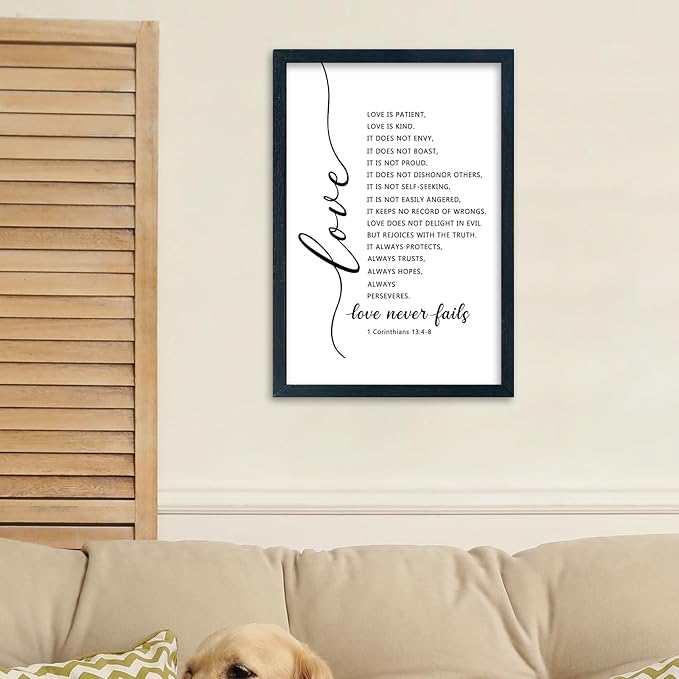 LuZhiQiang Love Is Patient Kind Wall Art 16"×11" Love Never Fails Sign 1 Corinthians 13 Bible Verse Wood Framed Wall Hanging Decor (Black)-Ruum Studio Home