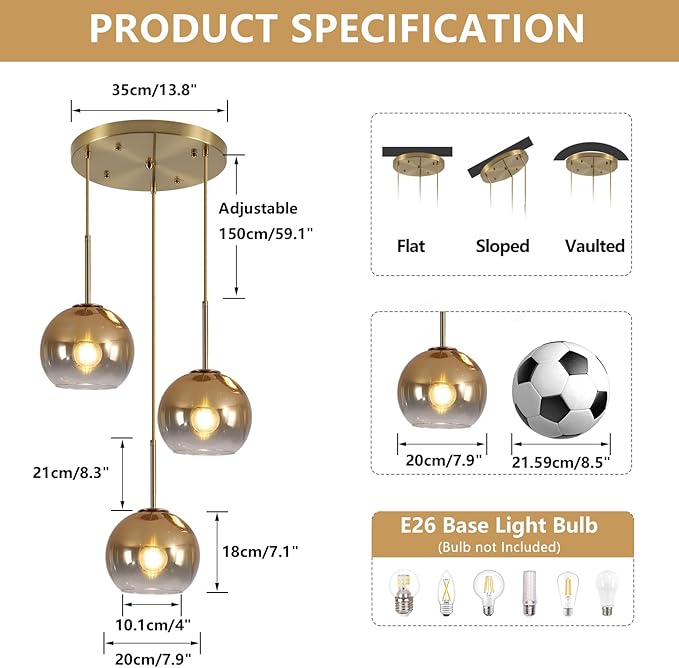 KCO Lighting 3 Light Globe Cluster Pendant Light Modern Glass Cluster Chandelier Gold Glass Pendant Light Fixture Mid Century Dining Room Chandelier Multi Pendant Light Fixture-Ruum Studio Home