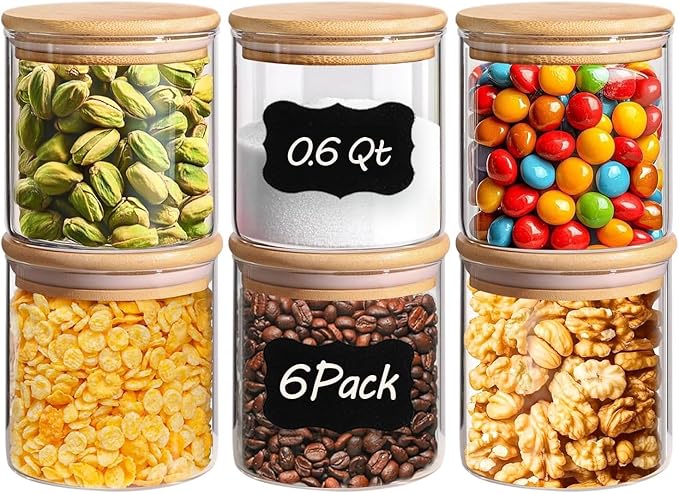 ComSaf Airtight Glass Food Storage Jars Set of 6, 0.6 Qt Clear Glass Food Storage Container with Sealing Wooden Lid, Stackable Spice Jar, Round Kitchen Canister for Sugar, Tea, Coffee bean, Pasta, Oat-Ruum Studio Home