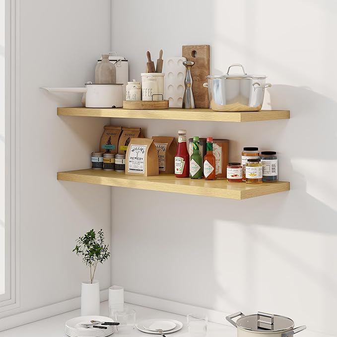 40" Floating Shelves for Wall, 12" Deep Slim Oak Floating Shelves, Wall-Mounted Shelves for Bedroom, Living Room, Kitchen, Bathroom - Set of 2-Ruum Studio Home