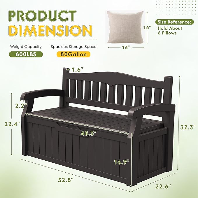 Greesum 80 Gallon Storage Bench Outdoor Deck Box with Armrest, Patio Furniture,Lockable, Waterproof and UV Resistant, Suitable for Garden, Pool, Brown-Ruum Studio Home