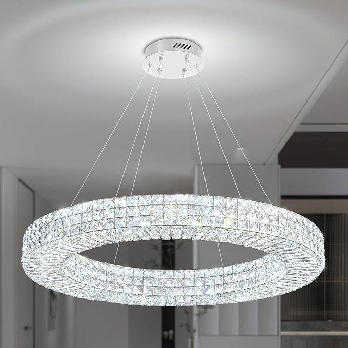 Dia 32" Ring Crystal Chandelier Modern Silver Ring Chandelier Adjustable Height Luxury Crystal Pendant Ceiling Light Fixture for Dining Living Room Bedroom-Ruum Studio Home