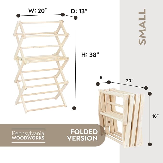 Pennsylvania Woodworks Clothes Drying Rack: Solid Maple Hard Wood Laundry Rack for Baby Clothes, Hand Towels, Delicates & More, Durable Small Folding Drying Rack, Made in USA, No Assembly Needed-Ruum Studio Home