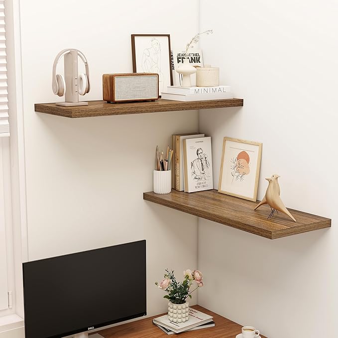 36" Floating Shelves for Wall, 12" Deep Slim Walnut Floating Shelves, Wall-Mounted Shelves for Bedroom, Living Room, Kitchen, Bathroom - Set of 2-Ruum Studio Home