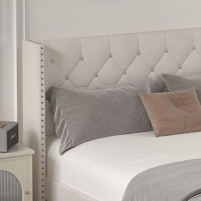 Queen Size Bed Frame with LED Lights, Upholstered Bed Frame with Wingback Diamond Tufted Headboard, Wood Slats Support, Noise-Free, Easy Assembly, No Box Spring Needed, Beige-Ruum Studio Home