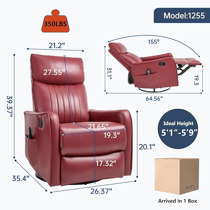 Manual Swivel Rocker Recliner Chair for Adults, Overstuffed Reclining Glider Chair for Nursing with Vibration Massage & Heat, Living Room Rocking Recliner 2-Stage backrest, Faux Leather Red-Ruum Studio Home