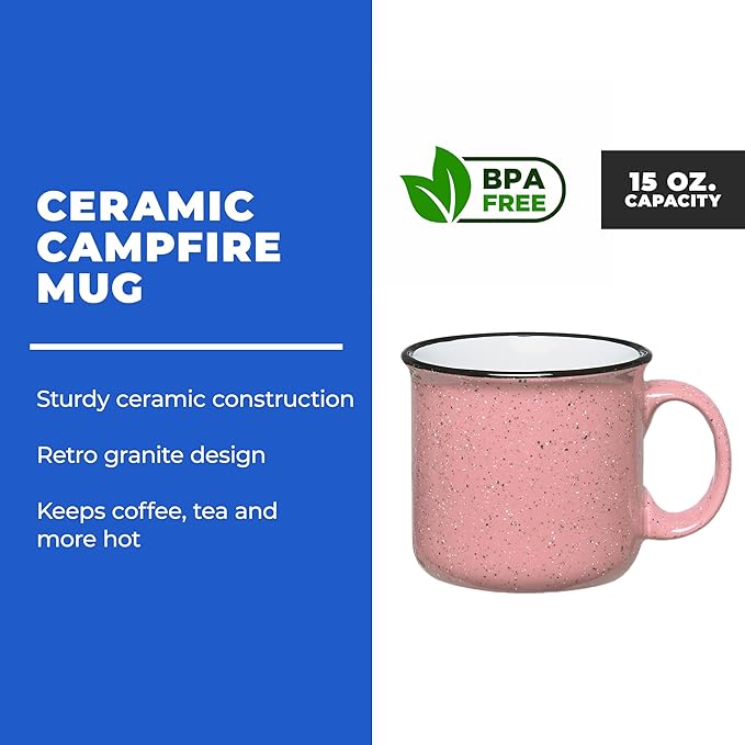 Set of 8 Ceramic Campfire Mugs – 15 Oz, Pink – Coffee & Tea Cups for Home, Work, Travel, Camping – Customizable, Great for DIY, Events, Companies-Ruum Studio Home