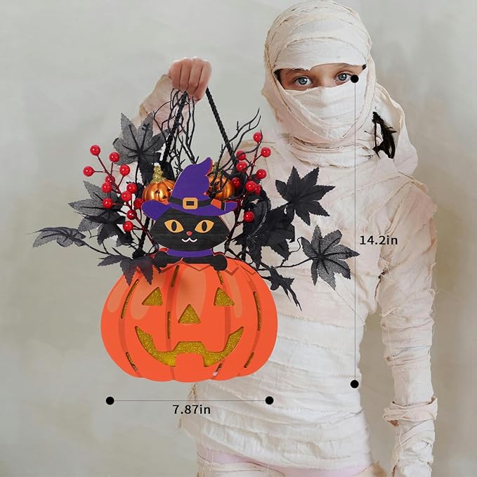 Halloween Pumpkin Decorations, Lighted Jack-O-Lantern with Maple Leaves Berries Black Cat, Halloween Door Sign Wood Pumpkin Lights for Front Door Indoor Outdoor Yard Party Cartoon Hanger Decor