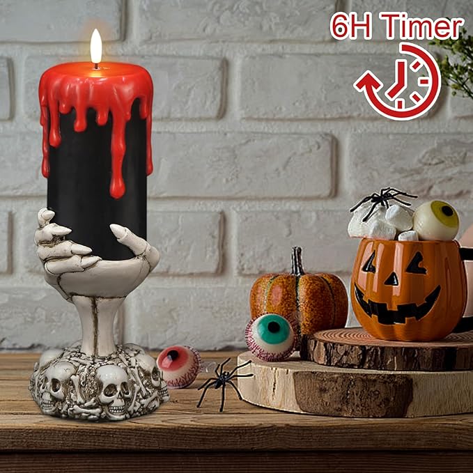 Wondise Halloween Flameless Candles with Ghost Hand, Battery Operated LED Black Candles with 6hrs Timer, Real Wax Pillar Candles with Flickering 3D Wick for Halloween Home Theme Party Decor-Ruum Studio Home
