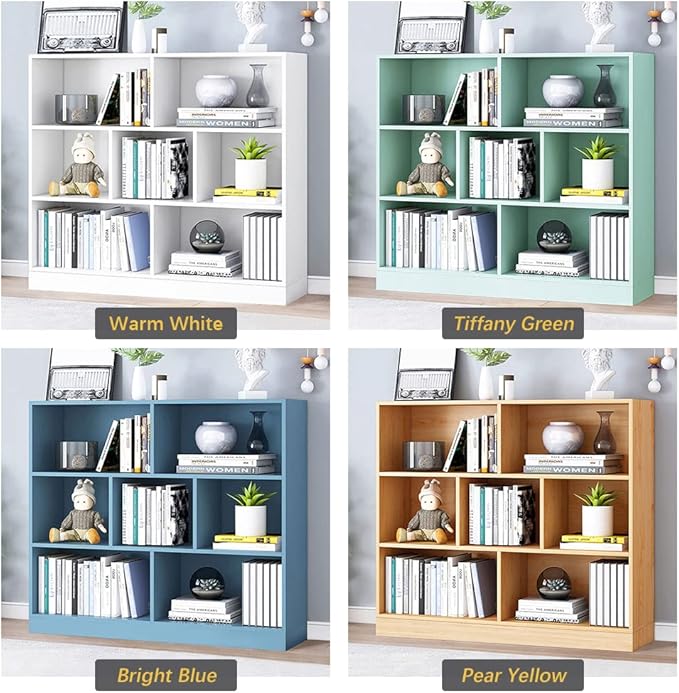 IOTXY Open Shelf Low Bookcase - Wooden 3-Tier Floor Standing Display Cabinet Organizer with Base, 7 Cubes Short Horizontal Bookshelf in Tiffany-Green-Ruum Studio Home