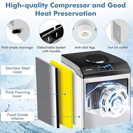 COSTWAY 2 in 1 Countertop Ice Maker Built-in Water Dispenser, 48LBS per Day, S/M/L Size Ice Cube, 5LBS Ice Storage Basket, Fast 6 Mins, Stainless Steel Ice Machine with Extendable Chilled Water Spout-Ruum Studio Home