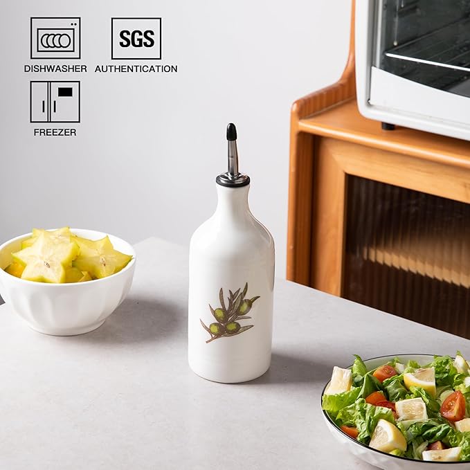 Sweejar Porcelain Olive Oil Dispenser Bottle, Opaque Oil Cruet Protects Oil to Reduce Oxidation, Suitable for Storage of Oil, Vinegar, Soy Sauce and Other Liquids, Pack of 1, 15.5 Oz (Olive Leaf)-Ruum Studio Home