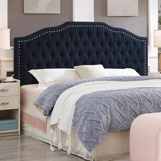 24KF Upholstered Button Tufted King Size Headboard with Nailhead Trim, Elegant Boucle Fabric California King headboard, 6031-K-Boucle-Navy-Ruum Studio Home