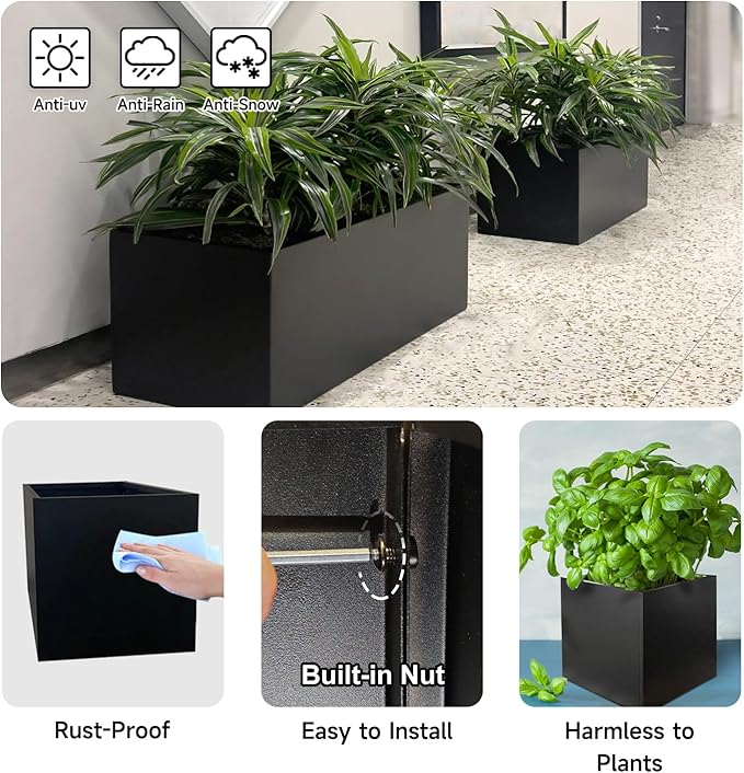 Galvanized Steel Planter Black Metal Outdoor Planter Powder Coated 32" x 12" x 16" Pot Metallic Heavy Pot Indoor & Outdoor, Commercial & Residential (L32 x W12 x D16, Black)-Ruum Studio Home
