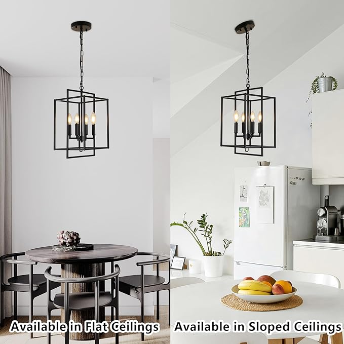 4-Light Vintage Black Chandelier, Foyer Lighting Fixtures Farmhouse Chandeliers for Dining Room, Modern Industrial Lantern Pendant Light for Kitchen Island Entryway Stairway-Ruum Studio Home