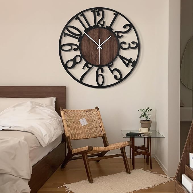 LEIKE 30" Oversized Large Wall Clocks,Silent,Non Ticking,Battery Operated Modern Round Big Wood Decorative Metal Wall Clock for Living Room, Bedroom,Kitchen,Farmhouse,Office Decor - Black,30 Inch-Ruum Studio Home