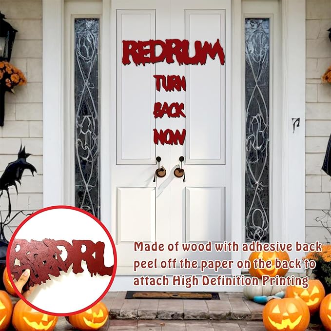 Wooden Halloween Decorations Stickers Bloody Halloween Decals for Mirror Wall Window Peel and Stick Happy Halloween Wall Sticker Redrum Door Sign Outdoor Indoor Decor Holiday Party Supply Photo Props-Ruum Studio Home