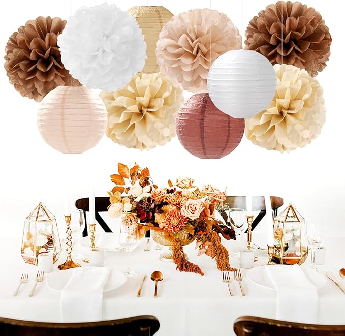 Boho Rustic Wedding Party-Decorations Paper Flowers Lanterns - 15PCS Fall Baby Shower Gender Neutral Streamers,Brown Champagne White Tissue Pom Poms,Autumn Birthday Bridal Decor Hugfond-Ruum Studio Home