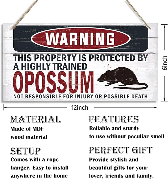 Warning Sign, Opossum Warning Wood Plaque Sign, Funny Door Signs, Decorative Wood Hanging Suspension Plaque, Farmhouse Wooden Wall Decor, Outdoor Hanging Wooden Signs-Ruum Studio Home