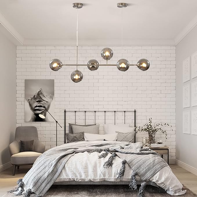 KCO Modern 6-Light Ceiling Pendant Lighting Mid-Century Glass Globes Sputnik Pendant Lamp Hanging Adjustable Chandelier for Kitchen Island Living Dining Room (Silver+Smoke Grey)-Ruum Studio Home