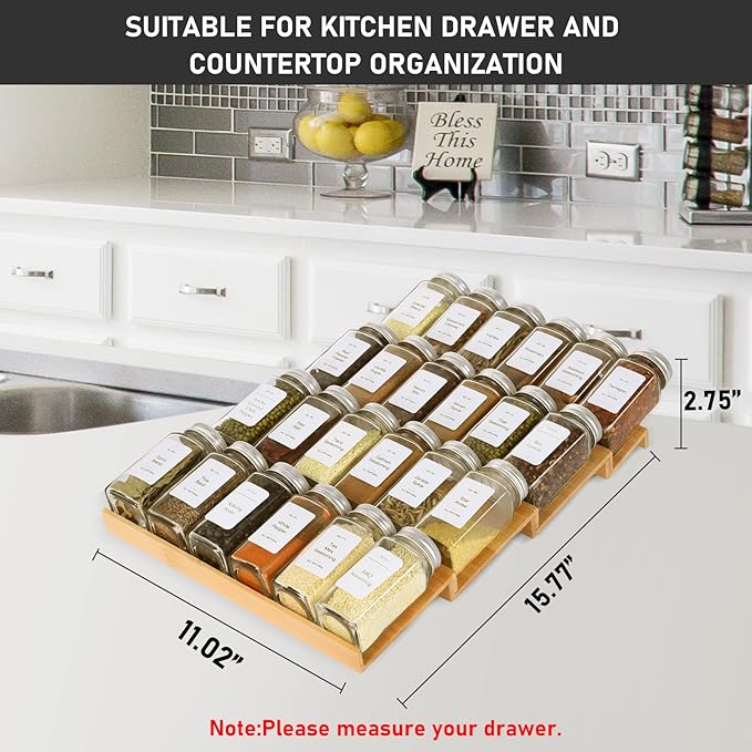 Spice Drawer Organizer with 20 Spice Jars,216 Labels,25 Non-slip Rubber, Bamboo 4 Tier Seasoning Rack Tray Insert for Kitchen Drawers,Cabinets,Countertop,11" Wide x 15.8" Deep-Ruum Studio Home
