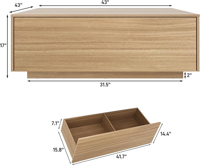 43” Square Coffee Table with Storage, 43" D x 43" W x 17" H Modern Large Square Center Table with 2 Drawers, Wood Coffee Table for Living Room, Light Brown,Bedroom,Light Brown-Ruum Studio Home