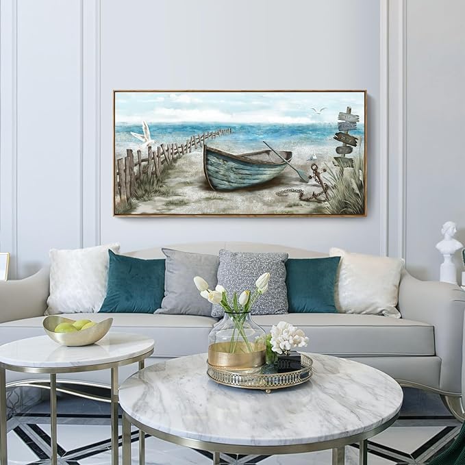 Large Framed Wall Art for Living Room Coastal Canvas Picture Seagull Vintage Boat Artwork Ocean Sea Bird Canvas Print Nautical Rowboat Blue Teal Rustic Beach Themed Farmhouse Bedroom Office Decor-Ruum Studio Home