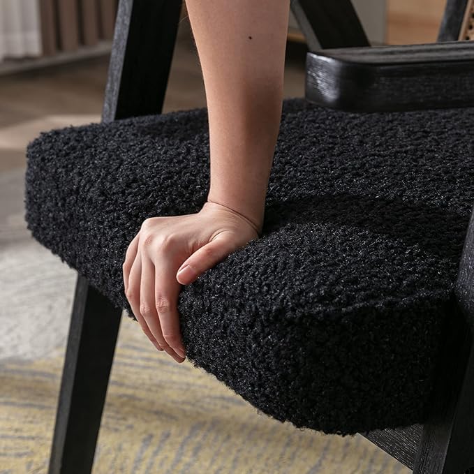 Accent Rattan Chairs Set of 2, Faux Fur Upholstered Living Room Chairs with Cane Back, Retro Mid Century Modern Cane Chair Armchair for Reception Reading Indoor Outdoor, Black-Ruum Studio Home