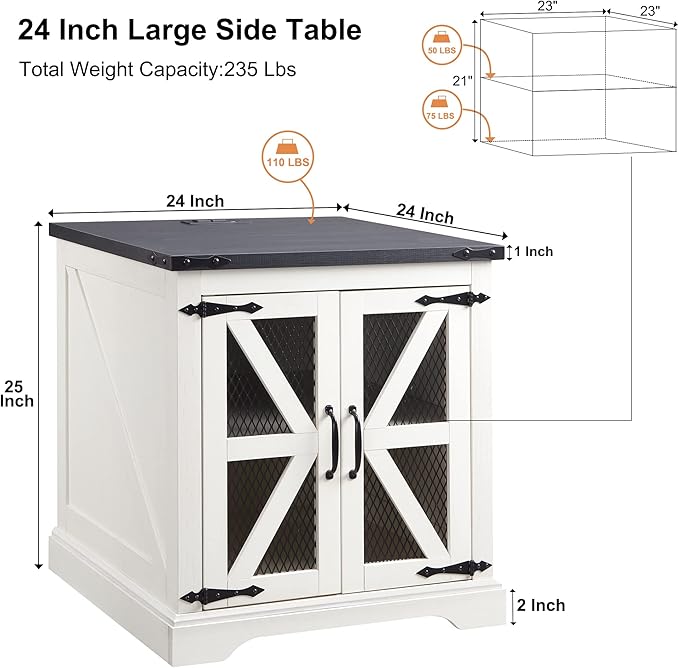 JXQTLINGMU Farmhouse End Table, 24" Large Sofa Side Table with Charging Station, Mesh Barn Door, and Adjustable Storage Shelf, Rustic Wood Square Nightstand for Living Room, Bedroom, Office, White-Ruum Studio Home