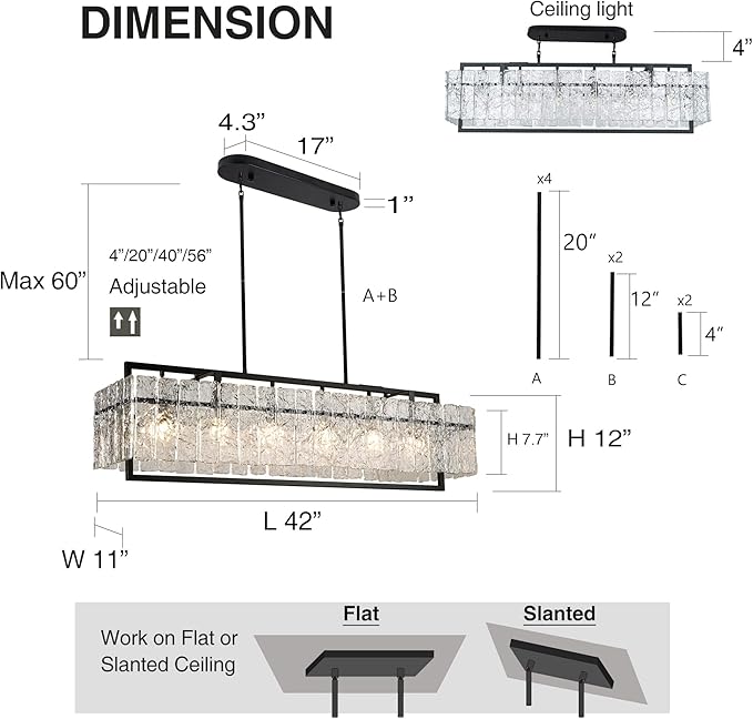 IKK Modern Rectangle Black Crystal Chandeliers for Dining Room, 42" Large Rectangular Water Ripple Glass Island Light Fixture, Linear Farmhouse Lighting for Kitchen Island, Living Room, L42xW11xH12-Ruum Studio Home