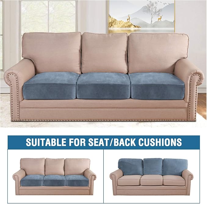 H.VERSAILTEX Velvet Stretch Couch Cushion Cover Plush Cushion Slipcover for Chair Loveseat Sofa Cushion Furniture Protector Seat Cushion Sofa Cover (3 Piece XL Sofa Cushion Covers, Stone Blue)-Ruum Studio Home