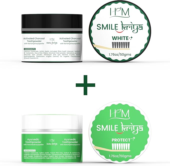 HM - Smile Kriya Ayurvedic Toothpowder Duo (Pack of 2) | Whitens Teeth Naturally, Remineralizes Enamel, Strengthens Gums & Freshens Breath | Activated Charcoal & NanoHydroxyapatite | 1.76 oz X 2-Ruum Studio Home