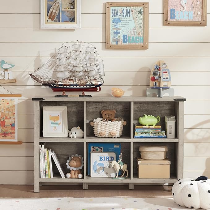 Farmhouse 6 Cube Bookshelf, Rustic Grey Oak Wooden Storage Organizer Book Shelf, 47 Inch Cubby Hallway Bookcase, Kids Toy Storage Cabinet, Modern Open Book Case for Living Room, Hallway-Ruum Studio Home