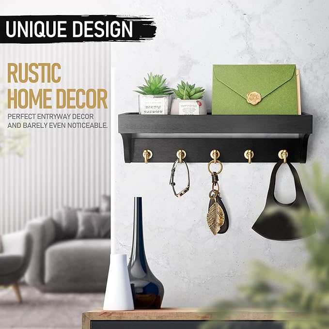Rebee Vision Key Holder for Wall with Shelf : Decorative Key Organizer with 5 Rustic Keys Hooks and Primitive Wood Mail Organizer Wall Mount - Entryway Décor (Black)-Ruum Studio Home
