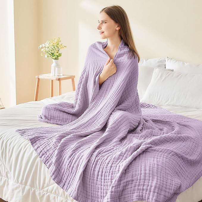 EMME Cotton Blanket Twin XL for Bed Soft Muslin Blankets 66"x90" Lightweight Breathable Layering Bedspread Coverlet All Season Gauze, Lavender-Ruum Studio Home