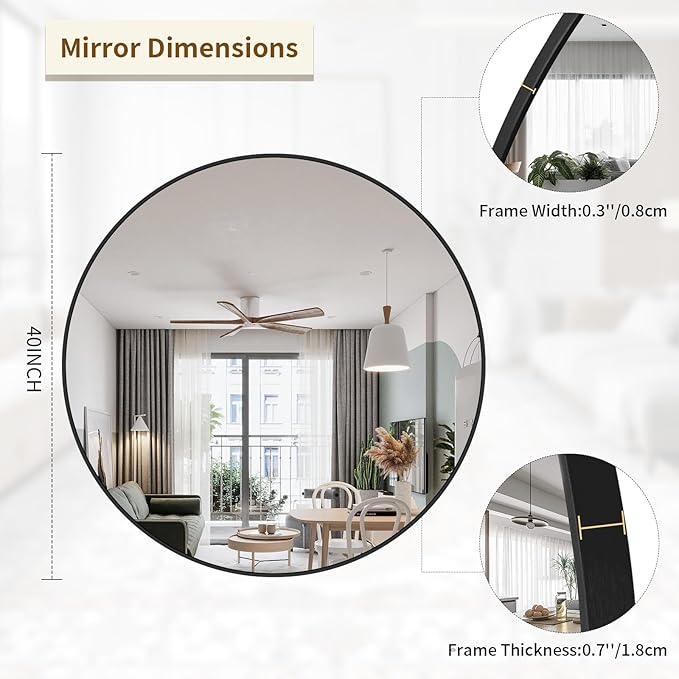 BEAUTYPEAK 40 Inch Round Mirror, Metal Frame Circle Mirror, Wall Mounted for Entryway, Bathroom, Vanity, Living Room, Black-Ruum Studio Home