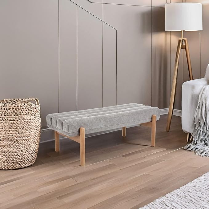Upholstered Bench Grey Modern End of Bed Bench Chenille Fabric Bedroom Bench for Entryway Living Room Vanity Makeup Room, 47" Long, Wooden Legs-Ruum Studio Home