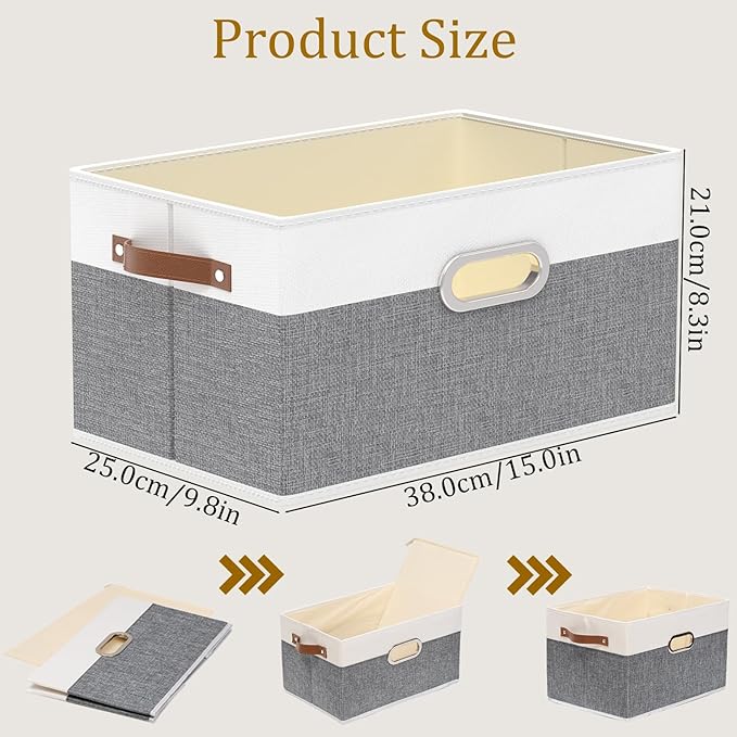 Yawinhe Foldable Storage Baskets for Shelves, Fabric Closet Organizers, Bins with 3 Handles, Cubes for Clothes, White/Grey, 15''Lx9.8''Wx8.3''H, 4-Pack-Ruum Studio Home