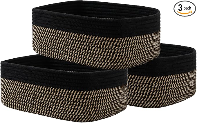 KALLAX Small Woven Basket, 13.5 x 9.5 x 5 Inches, Storage Basket for Organizing, Cute Small Rope Shelf Closet Cube Storage Bins Baskets for Shelves, Dog Toy Gift Baskets Empty, 3 Pack Black & Brown-Ruum Studio Home
