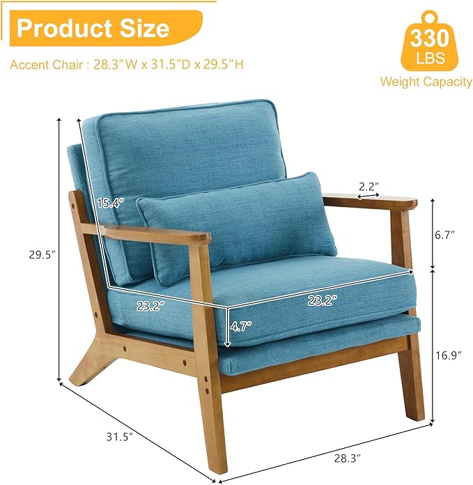 Karl home Accent Chair Wide Armrest Mid-Century Lounge Chair Linen Fabric Armchair with Lumbar Pillow & Solid Wood Frame for Living Room, Bedroom, Balcony, Cyan-Blue-Ruum Studio Home