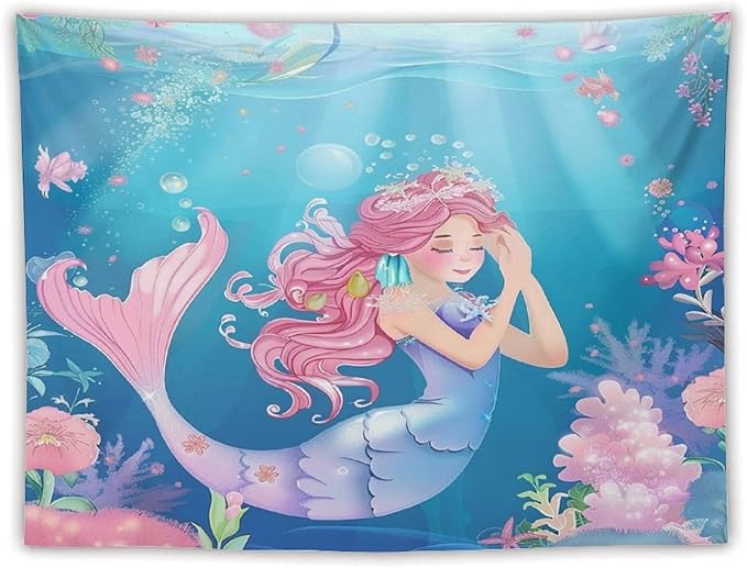 HZOHNAGO Mermaid Girls Tapestry Watercolor Flowers Mermaid Princess Blessing Pattern for Kids Room Decoration Printed Wall Tapestry Wall Hanging for Bedroom Living Room Dorm 80" W x 60" H-Ruum Studio Home