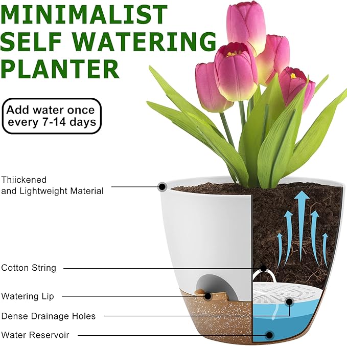 Plant Pots 12/10/9 Inch Self Watering Pots, Set of 3 Plastic Planters with Drainage Holes and Saucers,Plastic Flower Pots,Nursery Planting Pot for Indoor Out Door Plants(White)-Ruum Studio Home
