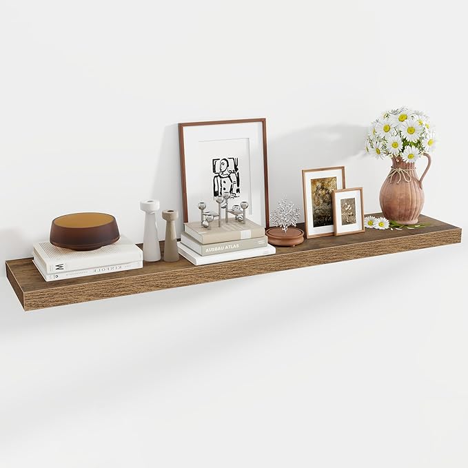 55 Inch Floating Shelves, 12 Inch Deep Floating Shelves for Wall, Floating Shelf with Invisible Brackets, Deep Shelves for Bathroom, Bedroom, Living Room, 1 Pack, Brown-Ruum Studio Home