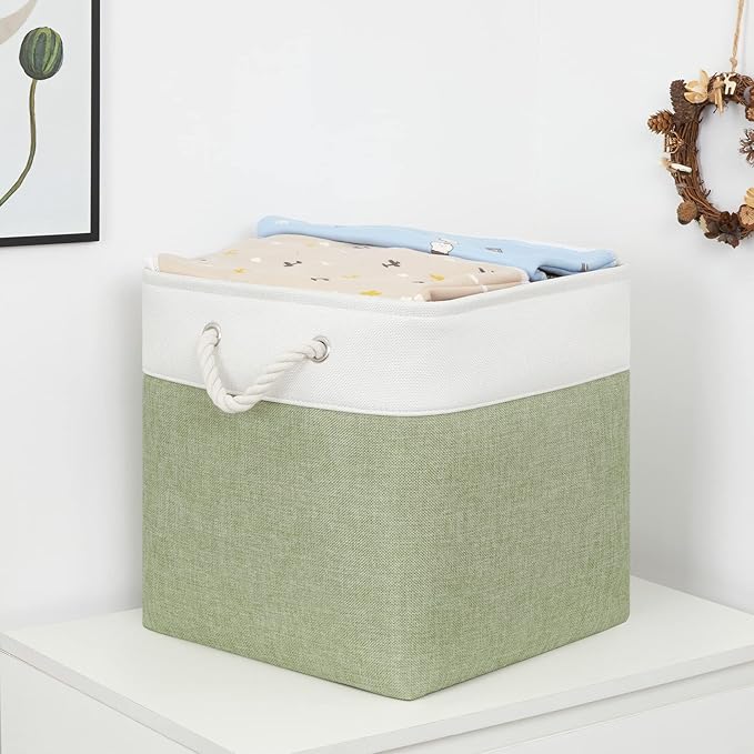 Bidtakay Cubby Storage Bins Set of 3 Fabric Baskets for Shelves Closet Drawer Organizer Storage Cubes 13x13 Collapsible Organization Baskets for Nursery Toy Shelf (White&green)-Ruum Studio Home