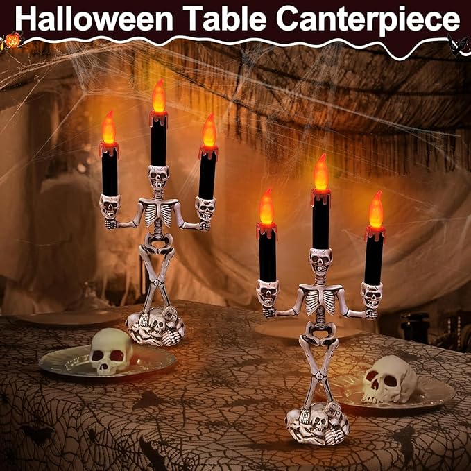 TURNMEON 2 Pack Halloween Candelabra with LED Flame Less Candles Holder Battery Operated Flickering Lights Skull Candles for Halloween Decorations Indoor Home Table Mantel Party Haunted Mansion Decor-Ruum Studio Home