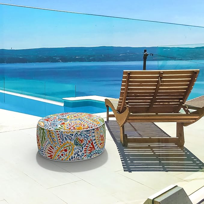 LVTXIII Indoor/Outdoor Inflatable Ottoman, All Weather Round Footrest Stool D21”x H9”, Portable for Patio Garden Camping or Home-Paisley Ummi Multi-Ruum Studio Home