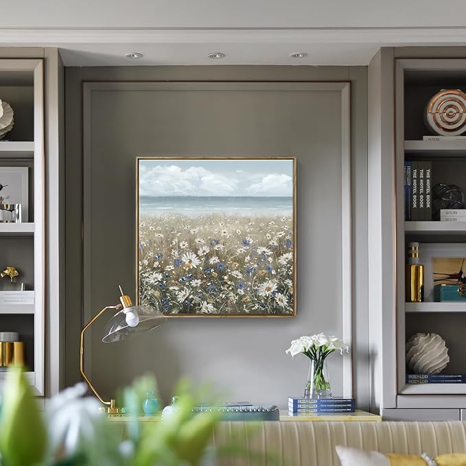 Framed Wall Art for Bedroom Decor Farmhouse Boho Beach Coastal Vintage Floral Ocean Wall Picture Daisy Flowers Sea Canvas Print Nautical Neutral Seascape Artwork for Home Living Room Bedroom Office-Ruum Studio Home