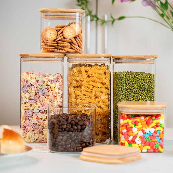 YUNCANG Glass Storage Jars 6 Pack 37oz Clear Glass Food Storage Containers with Airtight Bamboo Lid Stackable Kitchen Canisters for Candy,Cookie,Rice,Sugar,Flour,Pasta,Nuts and Spice Jars(Square)-Ruum Studio Home